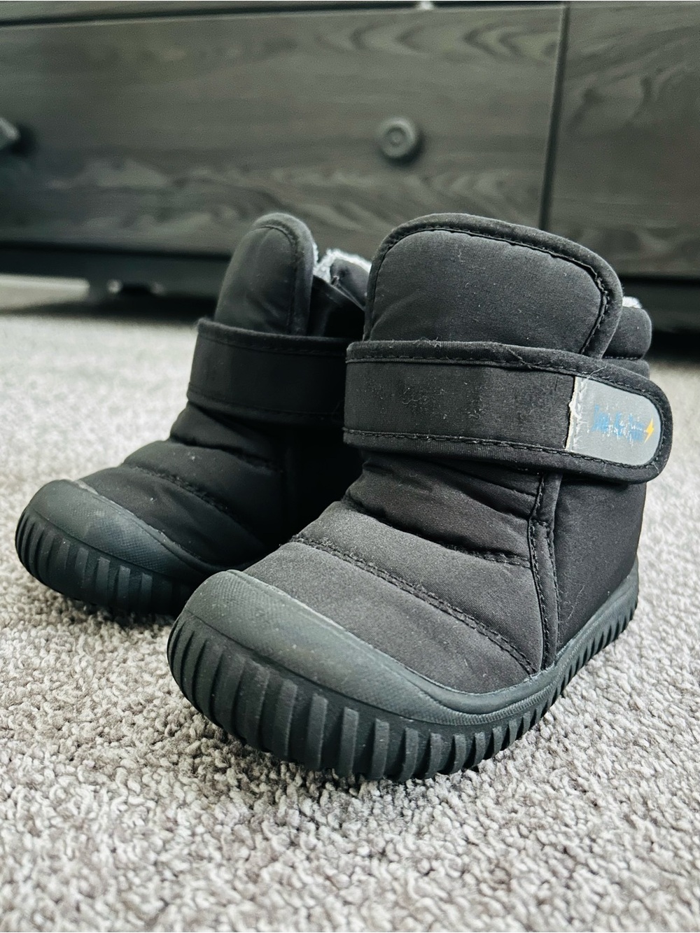 Kids Black Insulated Hook-and-Loop Winter Boots